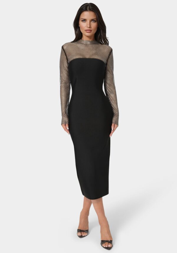 Long Sleeve Bandage Midi Dress with Crystal Mesh Combo