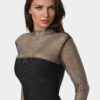 Long Sleeve Bandage Midi Dress with Crystal Mesh Combo
