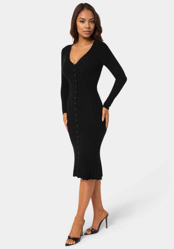 bebe2165_black_2_07d6c179-2fd2-487f-b1d0-955d247f0f05 Button Front V-Neck Sweater Midi Dress