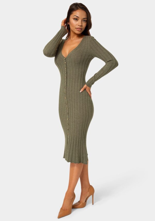 Button Front V-Neck Sweater Midi Dress